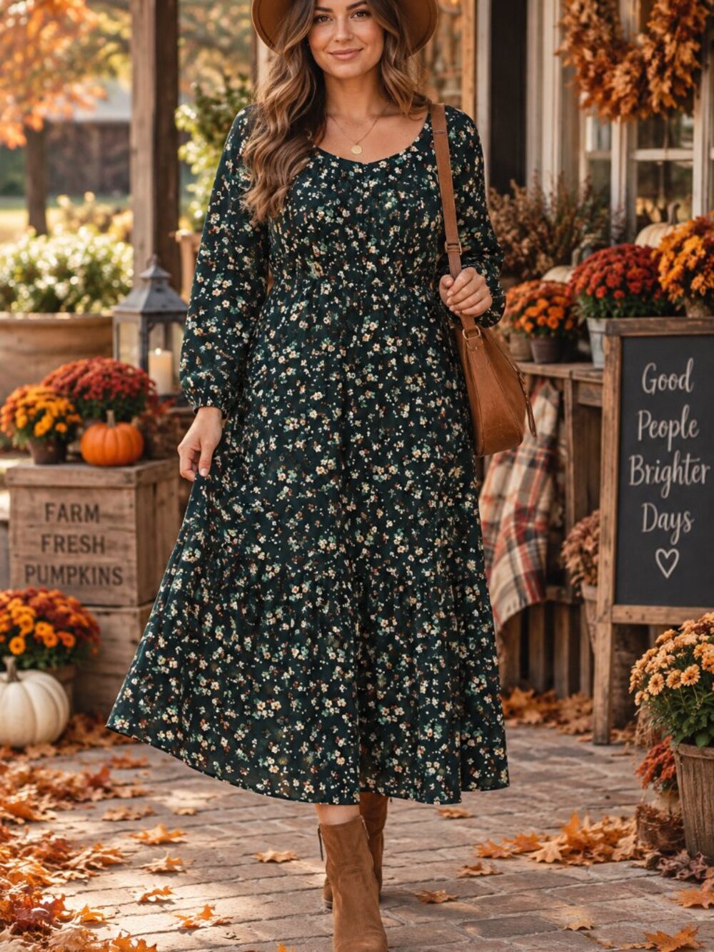 Dark Green Floral Midi Tiered Swing Dress Pockets Cottagecore Dark Romance Fall